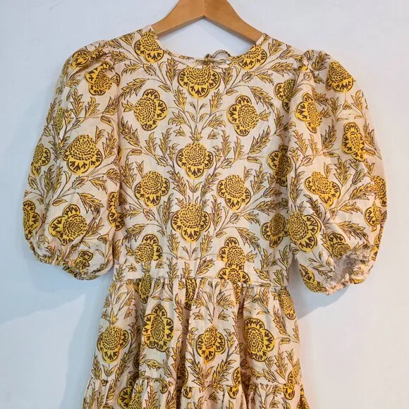 NEW RHODE MARYAM OPEN BACK LINEN DRESS IN GARDEN OF DREAMS GOLDEN MULTI PRT  SZ M